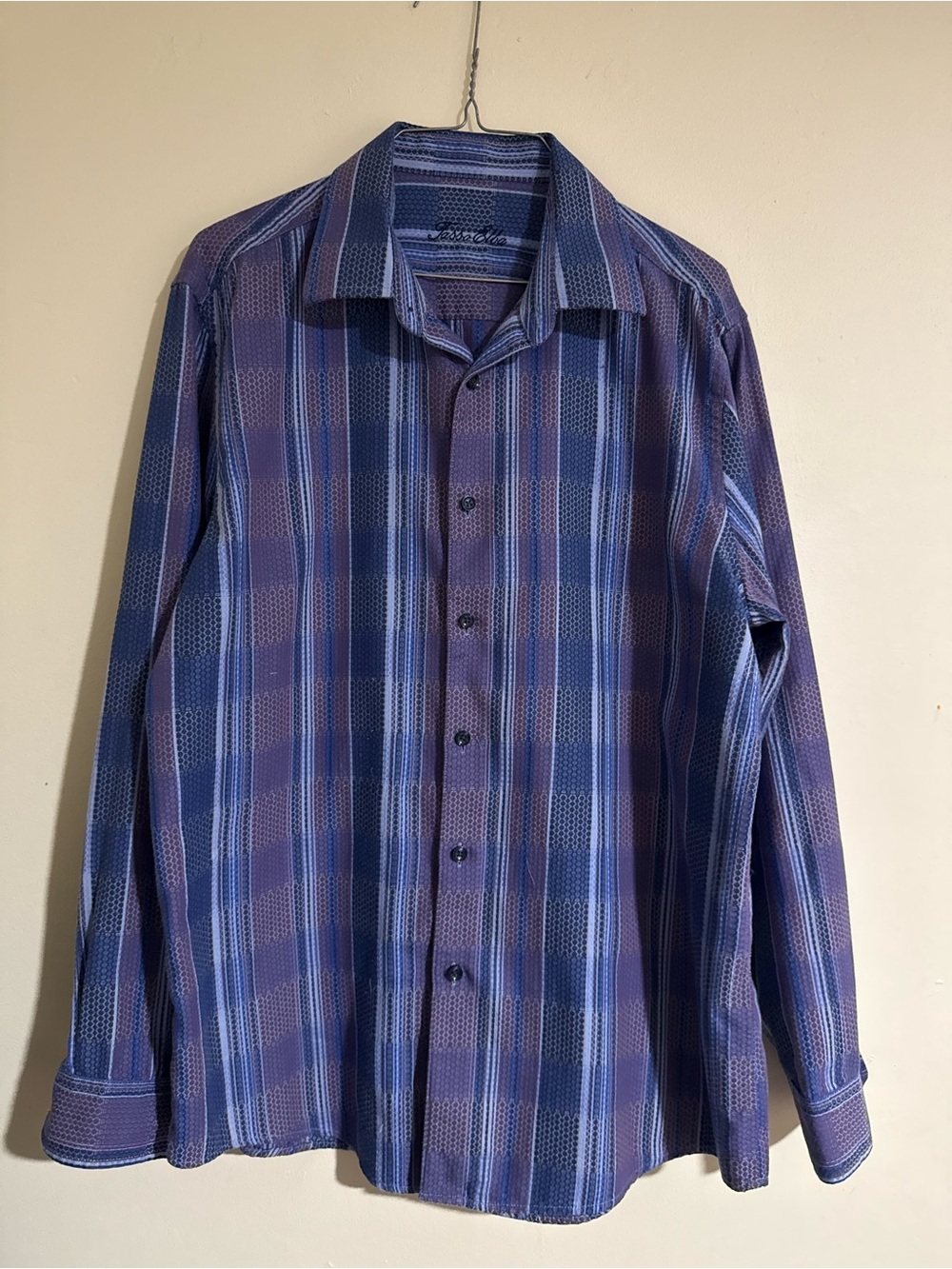 Tasso Elba Men's Plaid Button-Up Shirt in Blue and Purple L